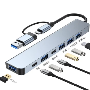 7 в 1 C USB ХЪБ Type C за локална мрежа RJ45, съвместим с HDMI Адаптер за зареждане на PD USB 3.0 2.0 ХЪБ Сплитер TF SD Четец на карти Зарядно устройство