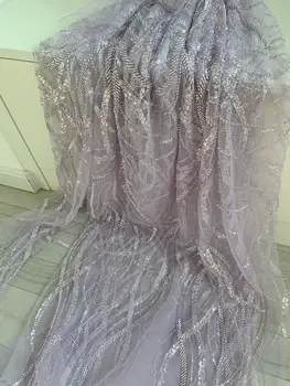1 ярд светло лилава тюлевой завързана кърпа от мъниста за булчински рокли, вкара платове с мъниста и пайети за сватбена рокля
