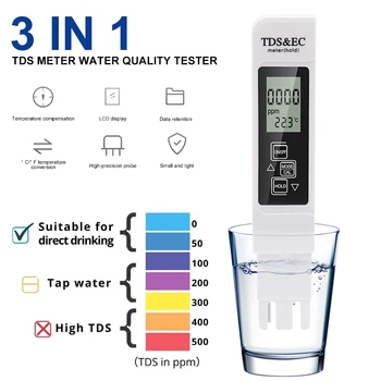 Продава се 1 бр. дигитален тестер за качеството на водата TDS ЕО, обхват на измерване 0-9990, Мултифункционален измерване на температура, чистота на водата, тестер PPM