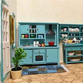 Куклена къща с индукционна печка, Кухненски шкаф, готварска печка, маса за приготвяне на храна, везни, куклена къща Bjd, миниатюрни мебели от дърво, дървени полк