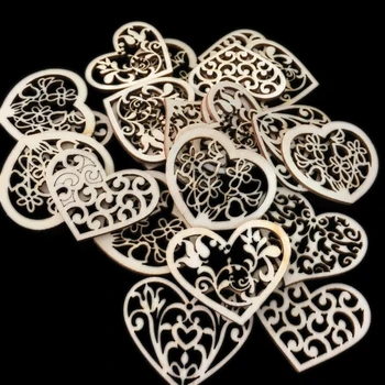 50 бр., дървени орнаменти във формата на куха сърцето, сватбени дървени парчета от сърцето на любовта, занаяти, висящи украшения за дома 