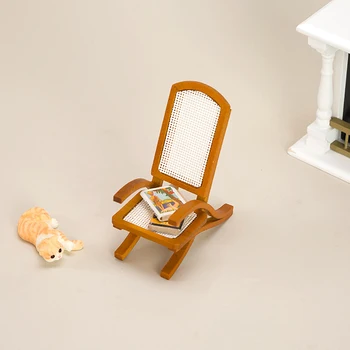 Умален модел куклена къща Старинен твърди ротанговый стол за почивка Ретро разтегателен диван и фотьойл за един човек
