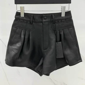 Y2K, сексуална нови черни къси панталони от овча кожа, модерен подиумные шорти с висока талия, широки кожени гънки, сверхкороткая ежедневни дамски однотонная облекло