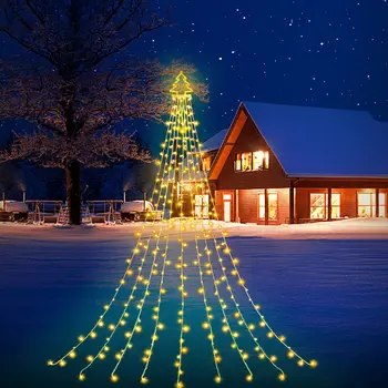 Външни Коледни Украси 2024 Led Лампа с Водопад 320 led S 16,4 Фута 8 Режима на Topper Светлини Нова Година 2024 За Сватба/Коледен Декор