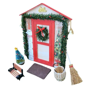 Аксесоари за декориране на куклена къща, Умален модел на сцената куклена къща 1:12, Коледна врата, Дърво, набор, играчки, подаръци