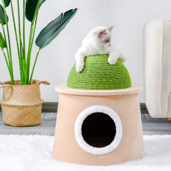 17,4-инчов кактусовый къщичка за котки с когтеточкой от сезал и топка от сезал за котенца Зелен L