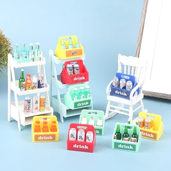 Комплект кошници за напитки и бира в кукла къща Миниатюрен куклена къща за хранене, мини бутилки за напитки и дух с една кофа за напитки Модулна кухня куклена къща